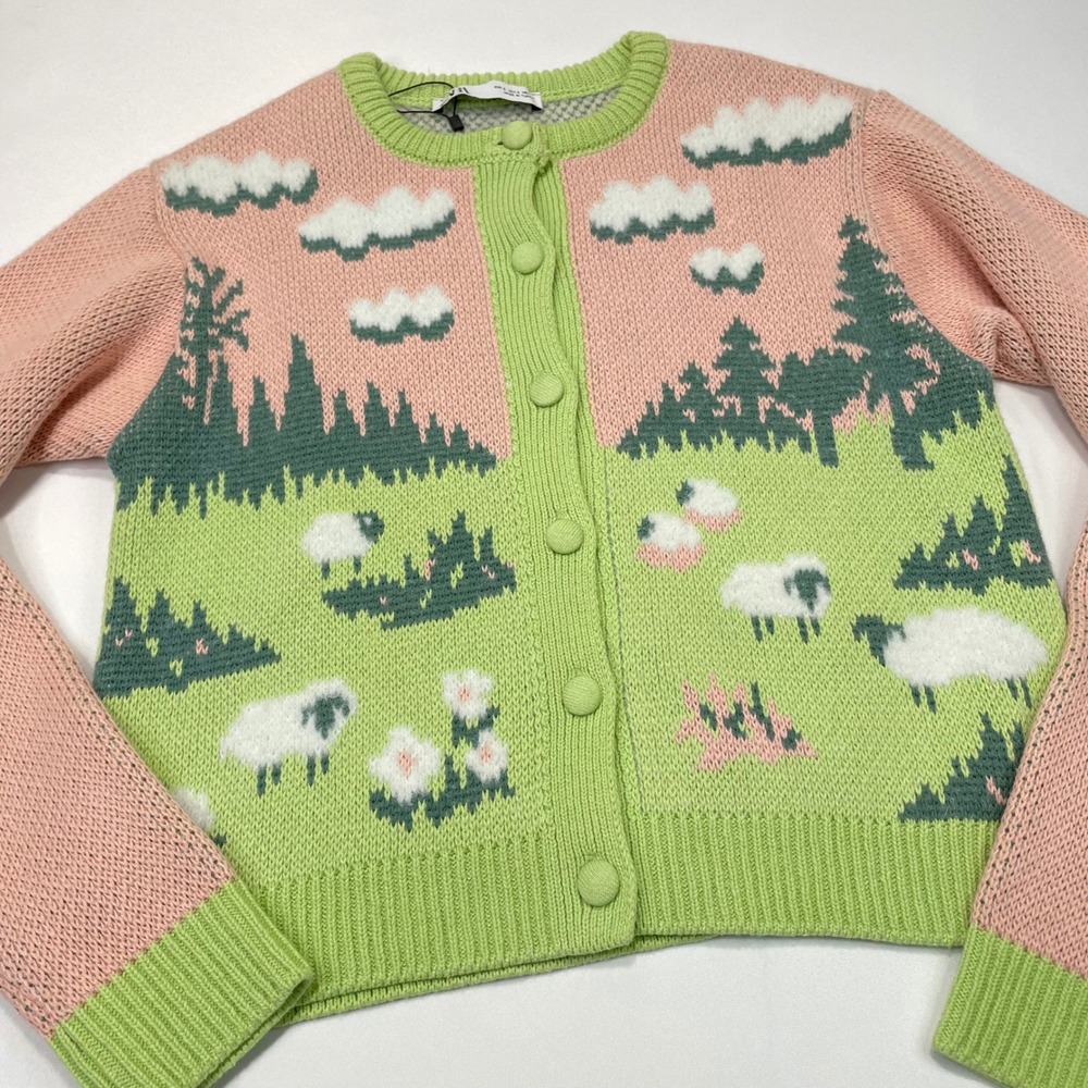 ZARA Women's Knit Jacquard Fuzzy Sheep Landscape Cardigan Pink Green Size S‎ - Picture 14 of 16